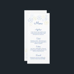 Menu du Mariage de style moderne Vintage du Moyen-<br><div class="desc">Créez un beau et élégant menu mariage personnalisé. Cette carte à menu est dotée d'une ambiance rétro amusante et d'un design moderne du milieu du siècle. Des astérisques atomiques colorés ou des flocs de neige ornent le dessus. Les formes d'astérisque sont dans les tons bleu et jaune avec vos informations...</div>