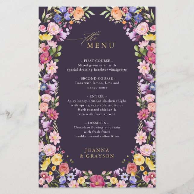 Menu du Mariage du Fleur sauvage de printemps colo (Devant)