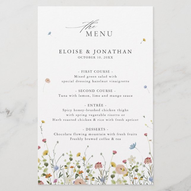 Menu du Mariage du Fleur sauvage de printemps colo (Devant)