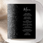 Menu du Mariage Edge de Parties scintillant argent<br><div class="desc">Le bord gauche de cet élégant menu mariage moderne présente une bordure de parties scintillant en faux argent. Le texte personnalisable combine écriture manuscrite gris argenté et polices cuivre sur un arrière - plan noir. L'envers présente un design noir et argent assorti.</div>