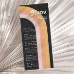 Menu du Mariage moderne Retro 70's Rainbow Dark<br><div class="desc">Ce menu du dîner moderne rétro des années 70 avec un mariage foncé est parfait pour votre simple orange vintage, or rose et réception de mariage rose vif. Conçu avec des éléments d'une arche boho classique et colorée et des rayures super minimalistes. L'aménagement a une atmosphère abstraite de plage tropicale...</div>