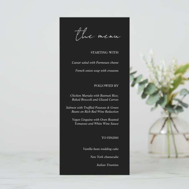 Menu du Mariage noir minimaliste moderne (Debout devant)