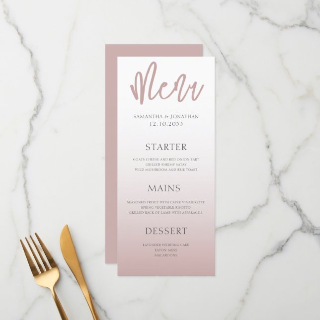 Menu du Mariage or Rose moderne simple  (Devant/Arrière en situation)