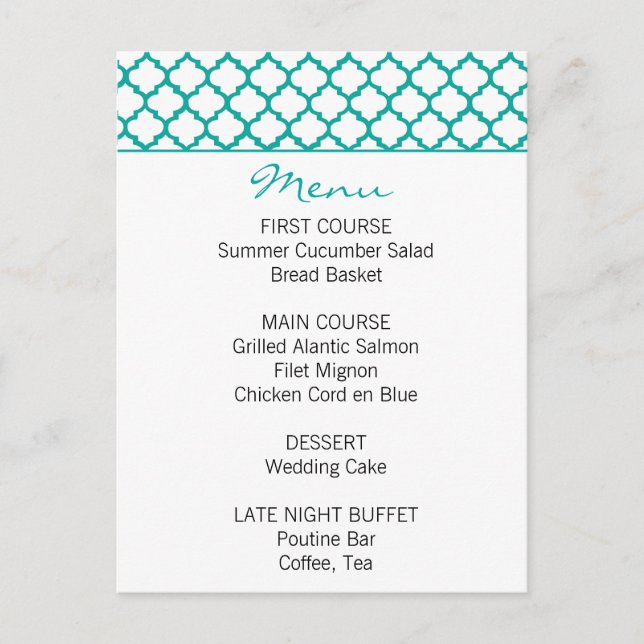 Menu du Mariage Turquoise Motif marocain (Devant)