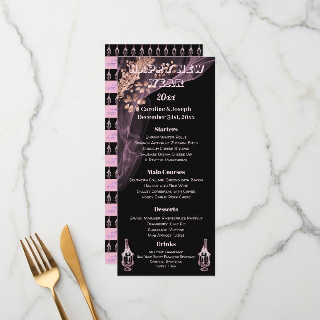 Menu du Nouvel An et Champagne Noir et Or Rose (Devant/Arrière en situation)