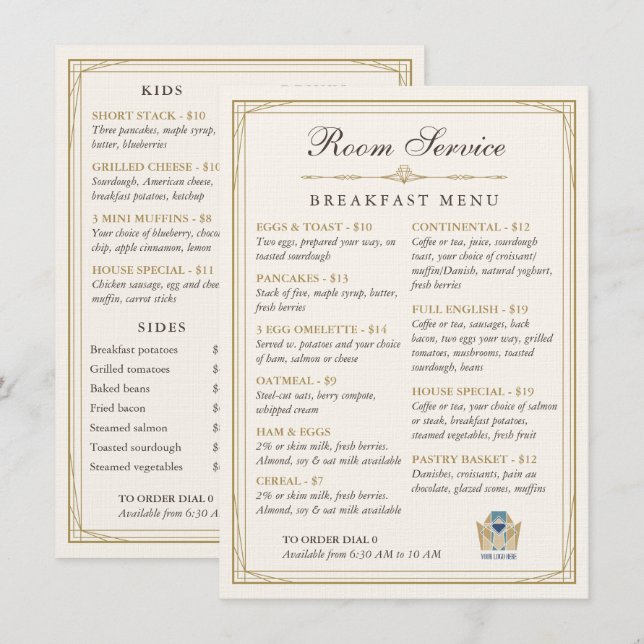Menu du petit-déjeuner en room service de la chamb (Devant / Derrière)