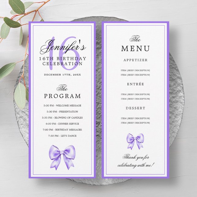 Menu du programme d'anniversaire 16 ans Elegant Vi (Elegant Purple Bow 16th Birthday Program Menu )