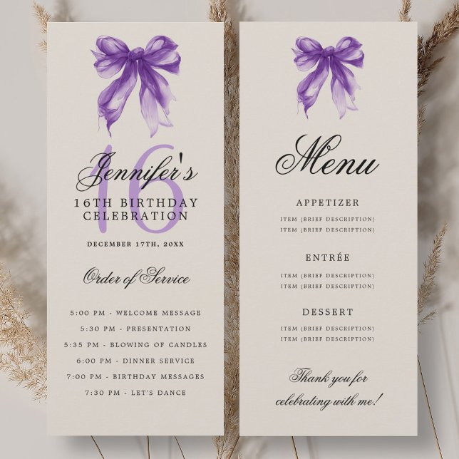 Menu du programme d'anniversaire 16 ans Elegant Vi (Elegant Purple Bow 16th Birthday Program Menu)