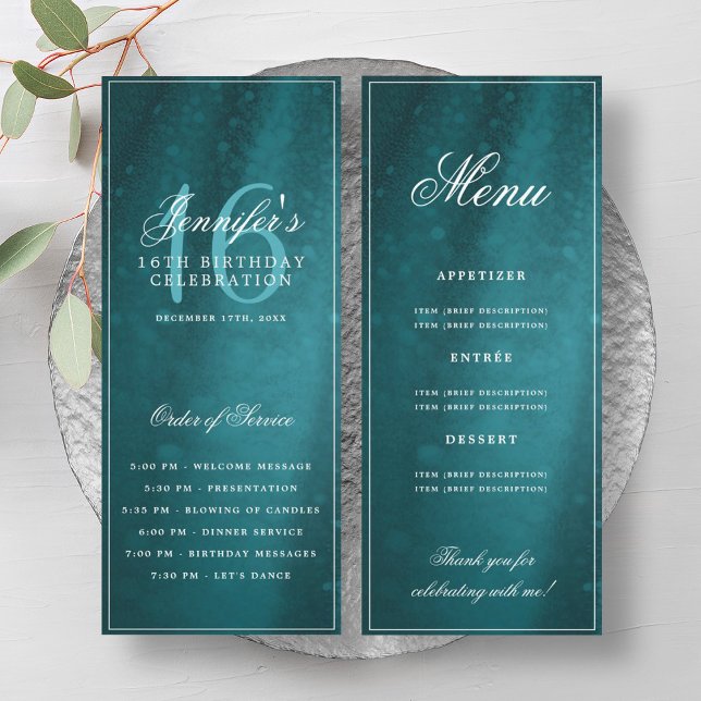 Menu du programme d'anniversaire 16 ans Turquoise  (Turquoise Sparkle 16th Birthday Program Menu)