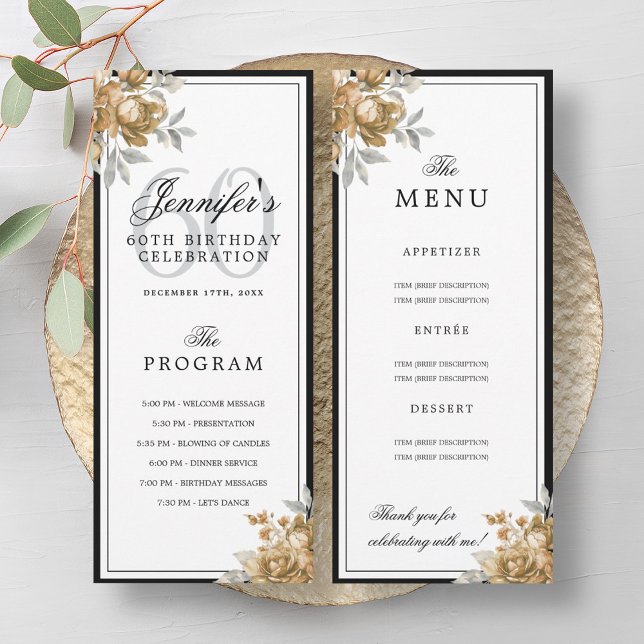 Menu du programme d'anniversaire 60 ans Fleurs d'o (Elegant Gold Floral 60th Birthday Program Menu )