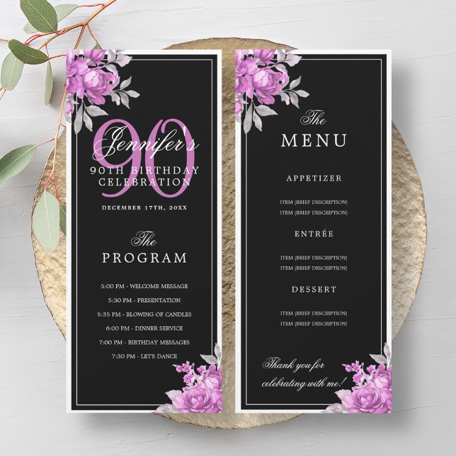 Menu du programme d'anniversaire 90 ans Fleurs ros (Créateur téléchargé)