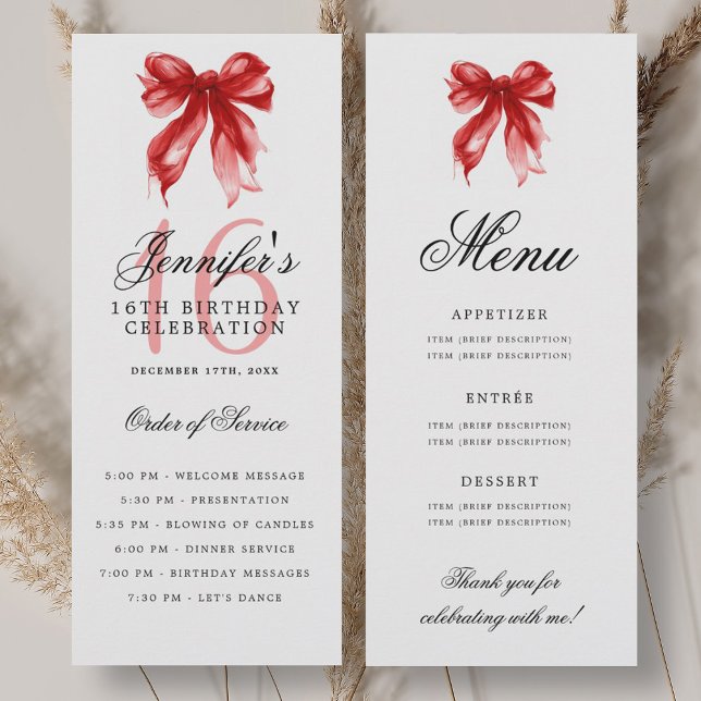 Menu du programme d'anniversaire des 16 ans Elegan (Elegant Red Bow 16th Birthday Program Menu)