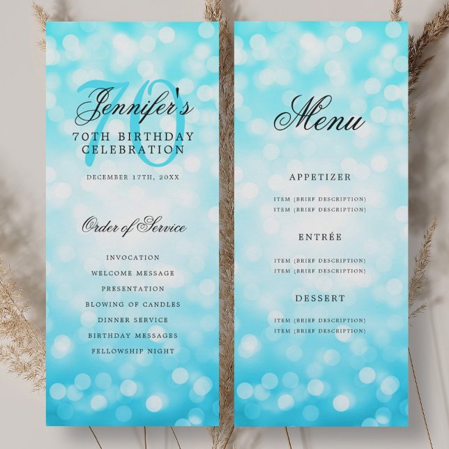 Menu du programme d'anniversaire des 70 ans avec u (Elegant Turquoise Bokeh 70th Birthday Program Menu)