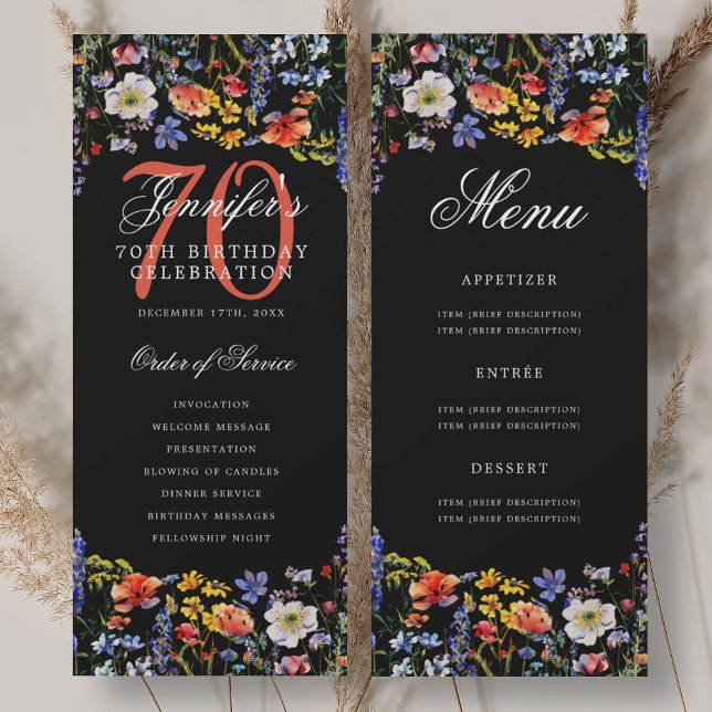 Menu du programme de fête d'anniversaire 70 ans Fl (Floral 70th Birthday Party Program Menu Black)