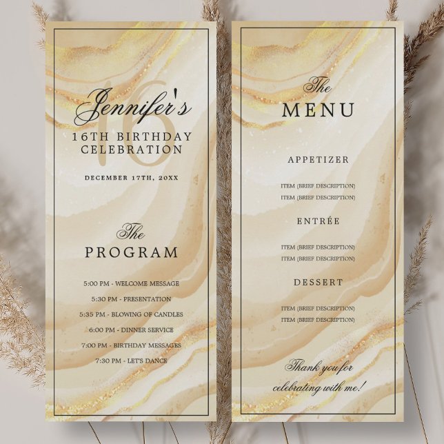 Menu du programme du 16e anniversaire en marbre do (Elegant Gold Marble 16th Birthday Program Menu)