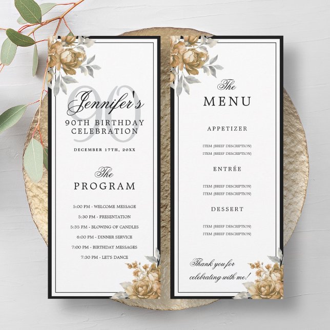 Menu du programme du 90e anniversaire avec des fle (Elegant Gold Floral 90th Birthday Program Menu)