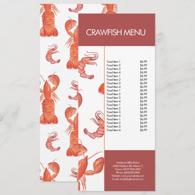 Menu du restaurant de fruits de mer et d'écrevisse (Devant / Derrière)