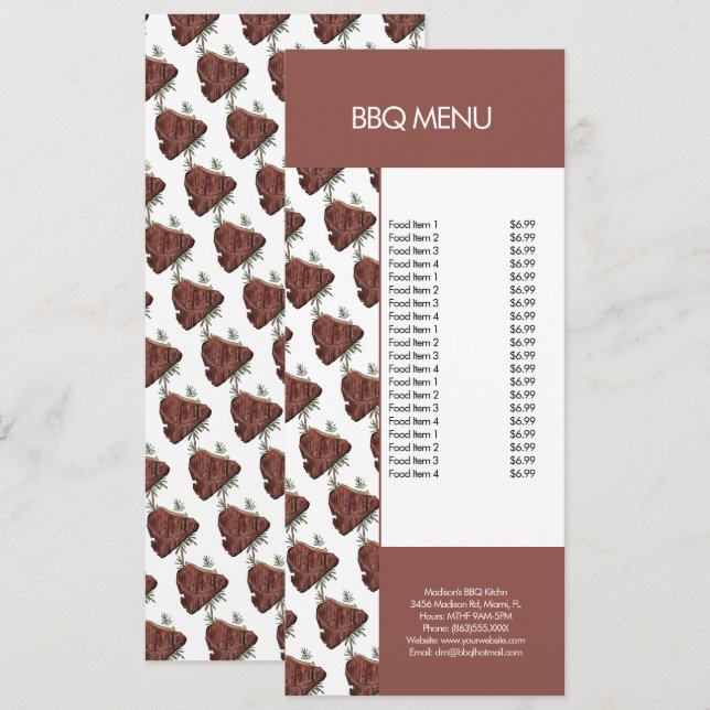 Menu du restaurant de steak de grill BBQ moderne (Devant / Derrière)