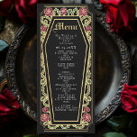 Menu du Rose de café gothique Mariage noir<br><div class="desc">Ajoutez une touche d'élégance gothique à votre festin avec ces menus mariages à la structure en forme de cercueil, ornés d'épines, de roses et d'accents dorés contre un arrière - plan noir. Parfait pour un dîner romantique ! Personnalisez le texte, la police et la couleur arrière - plan en fonction...</div>