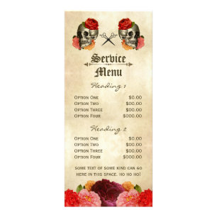 Menu du service salon vintage cheveux crâne à fleu