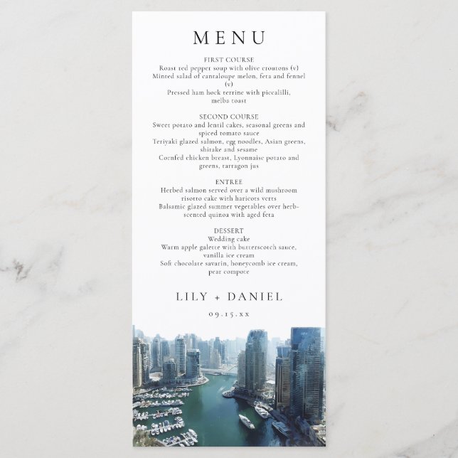 Menu Dubai Skyline Watercolor Elegant Wedding (Devant)