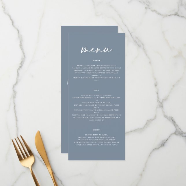 Menu Dusty bleu moderne simple élégant mariage (Devant/Arrière en situation)