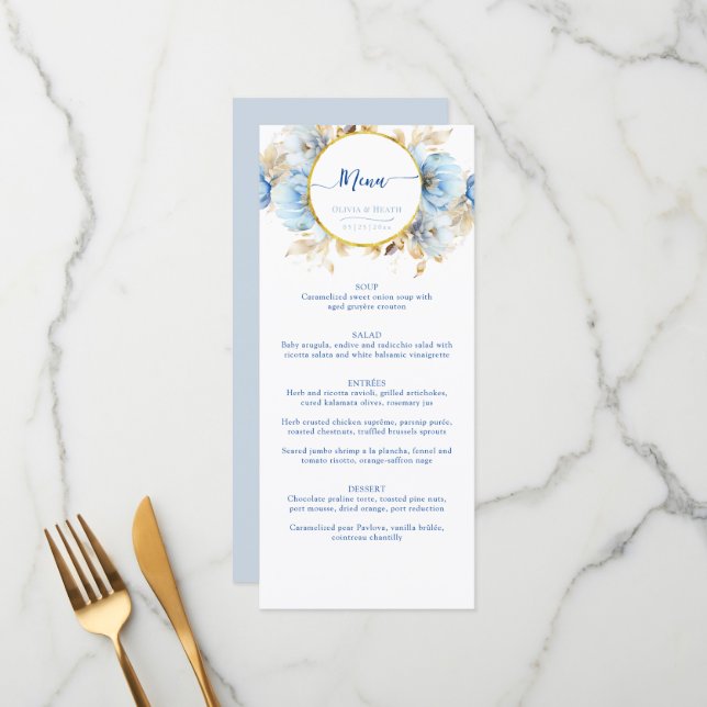 Menu Dusty Blue 2 Floral Gold Mariage (Devant/Arrière en situation)