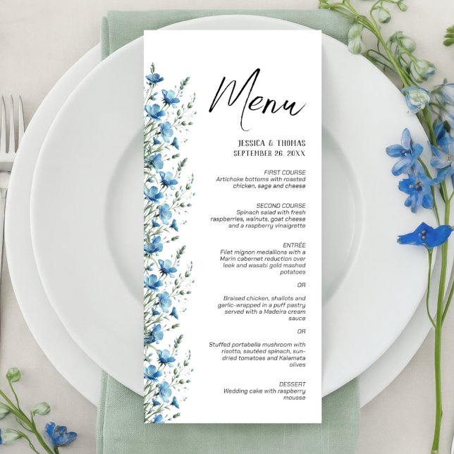 Menu Dusty Blue Boho Chic Fleurs sauvages mariage éléga (Créateur téléchargé)