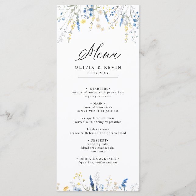 Menu Dusty Blue Dainty Wild Floral Rustic Boho Mariage (Devant)