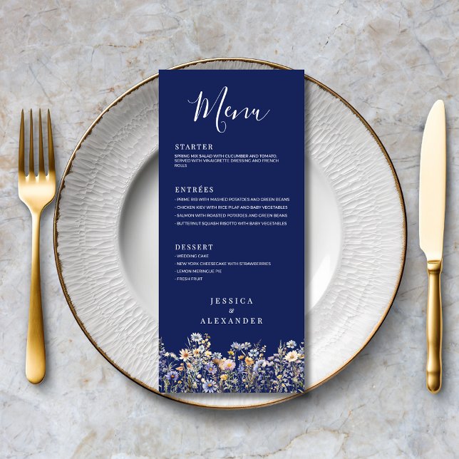 Menu Dusty Blue Fleurs sauvages Formal Elegant Mariage  (Dusty Blue Wildflowers Formal Elegant Navy Wedding Menu with Meny Options, Couple Names.)