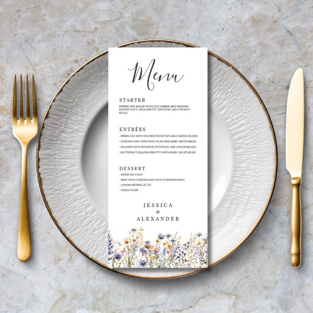 Menu Dusty Blue Fleurs sauvages Mariage formel élégant (Dusty Blue Wildflowers Formal Elegant Wedding Menu with Couple Names, Wedding Date.
)