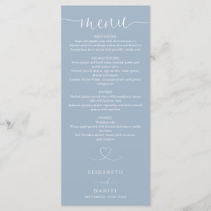 Menu Dusty Blue Heart Script Dîner Mariage