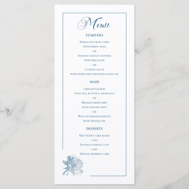 Menu Dusty Blue Line Art Rose Dinner Details Wedding (Devant)