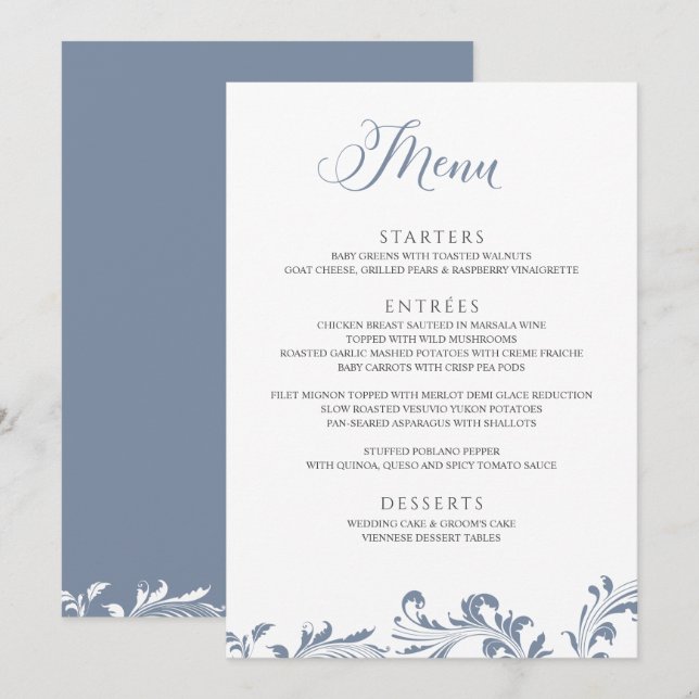 Menu Dusty Blue Mariage Vintage élégant classique (Devant / Derrière)