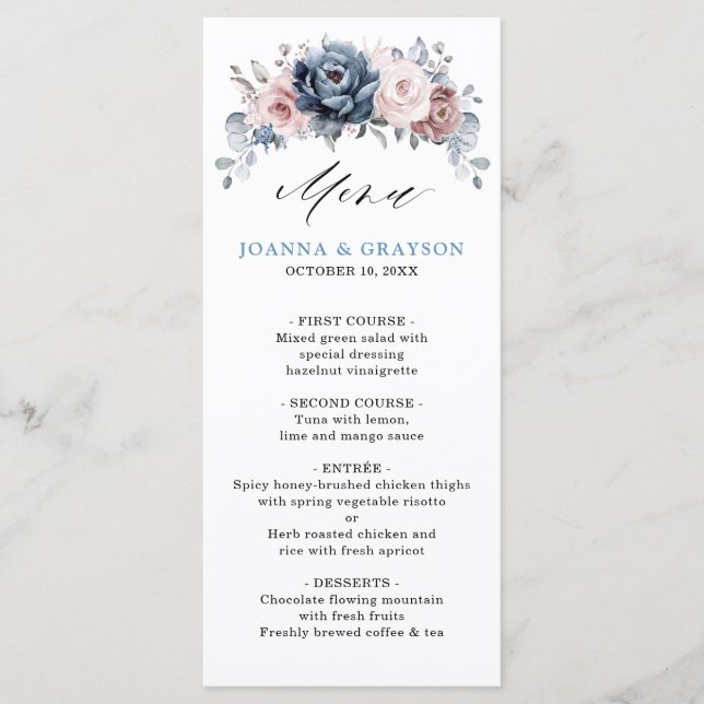 Menu Dusty Blue Mauve Rose rose ardoise Mariage floral (Devant)