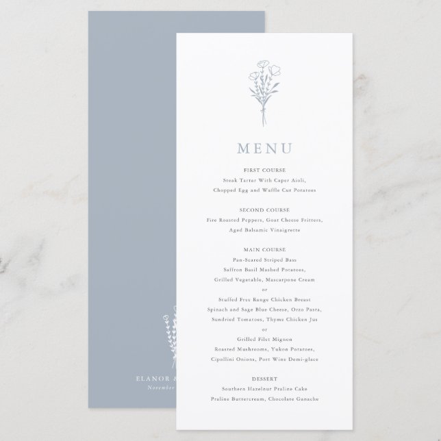 Menu Dusty Blue Minimalist Floral Bouquet Mariage (Devant / Derrière)