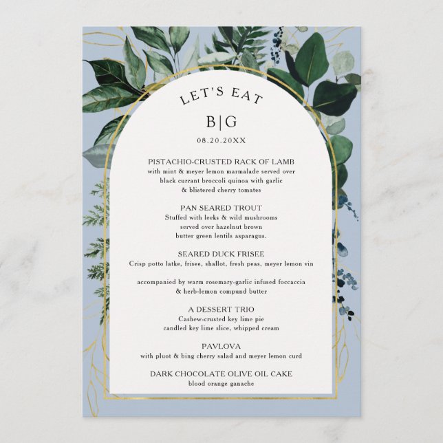 Menu Dusty Blue Moderne Boho Arch Feuille botaniques (Devant)