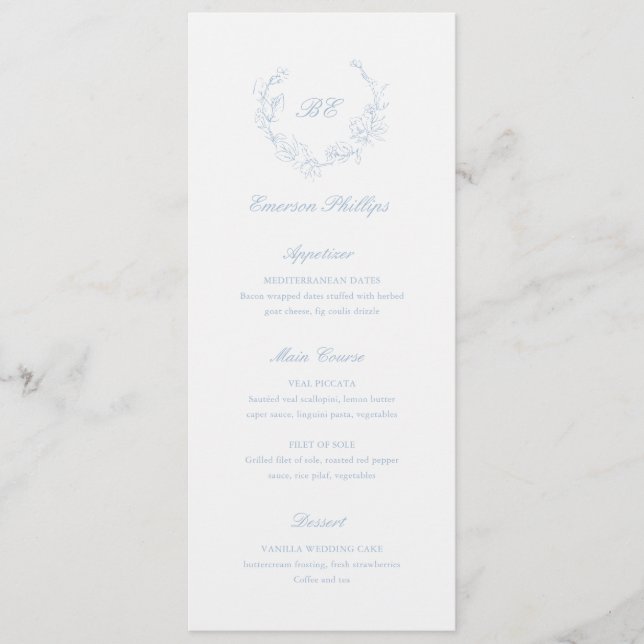 Menu Dusty Blue Monogram Nom du client Mariage élégant (Devant)