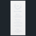 Menu Dusty Blue Monogram Nom du client Mariage élégant<br><div class="desc">Menu de mariage élégant avec un design propre et intemporel avec votre monogramme à l'intérieur d'une crête de couronne. Utilisez le modèle pour ajouter chaque nom d'invité et sauter les cartes de lieux.</div>