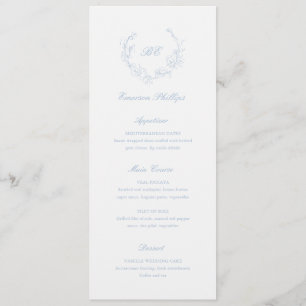 Menu Dusty Blue Monogram Nom du client Mariage élégant