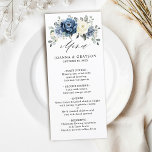 Menu Dusty Blue Navy Champagne Ivory Floral Mariage<br><div class="desc">Menu mariage floral bleu Dusty avec élégant bouquet de bleu marine, bleu royal, blanc, or, ivoire de champagne, rose couleur rousse, bourgeons floraux ranunculus et sauge vert eucalyptus feuilles et élégant bouquet aquarelle. Veuillez me contacter pour toute aide sur la personnalisation ou si vous avez besoin d'un autre produit avec...</div>