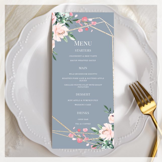 Menu Dusty Blue | Or | Mariage floral rose pâle (Créateur téléchargé)