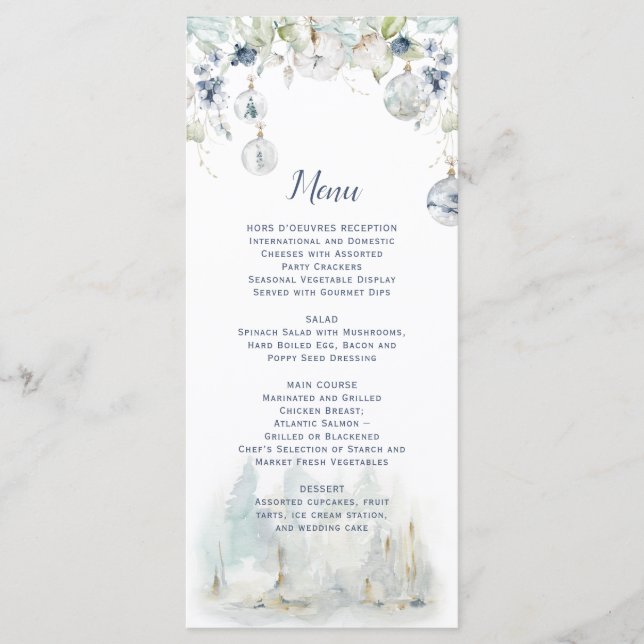 Menu Dusty Blue Sage Green Floral Neige Globe Ornements (Devant)