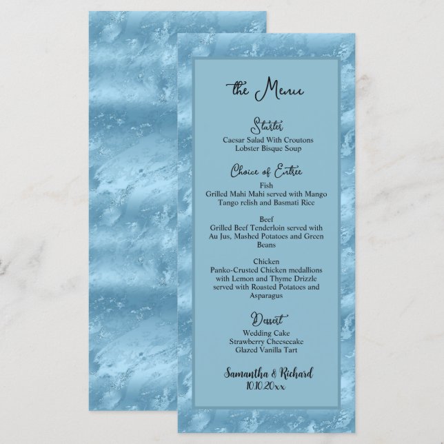 Menu Dusty Blue Silver Marble Parties scintillant 4x9 M (Devant / Derrière)