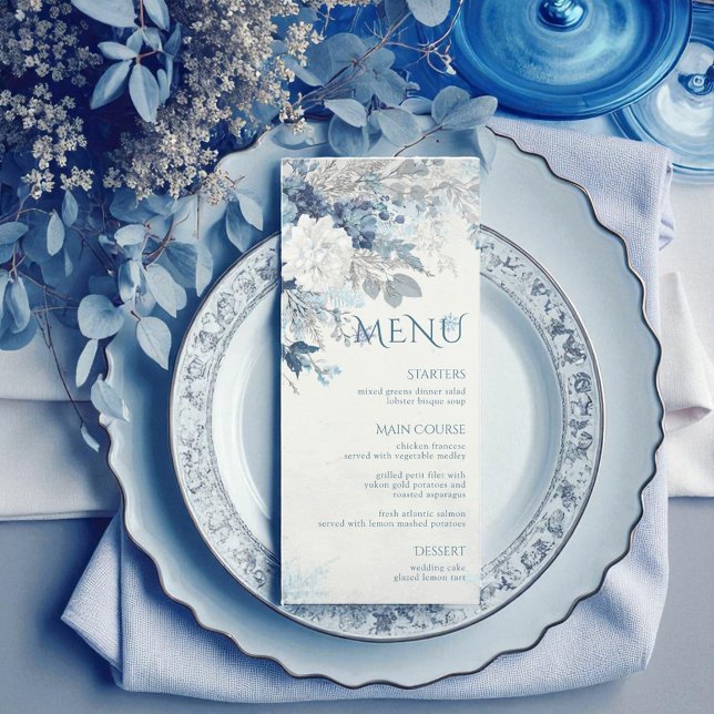 Menu Dusty Blue Silver Rose hiver Floral Mariage (Créateur téléchargé)