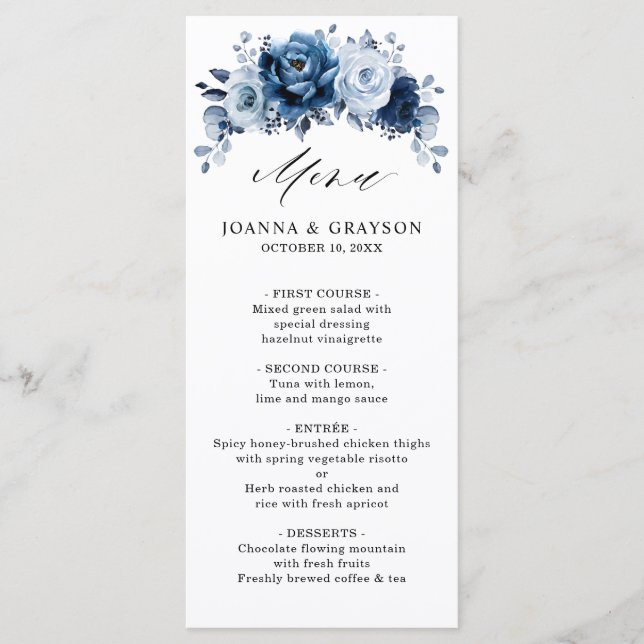 Menu Dusty Blue Slate Navy Floral Botanal Mariage (Devant)