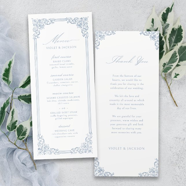 Menu Dusty Blue Vintage Frame Elegant Script Mariage (Dusty Blue Vintage Frame Elegant Script Wedding Menu)