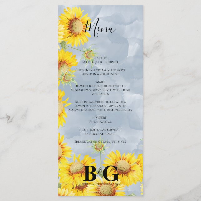 Menu Dusty Blue Watercolor Sunflowers Monogram Mariage (Devant)
