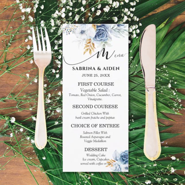 Menu Dusty Blue White Gold Floral Mariage (Créateur téléchargé)
