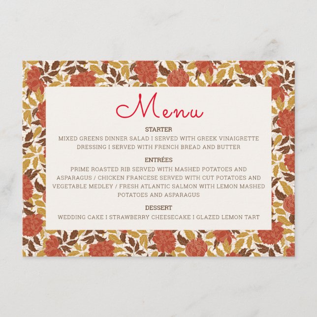 Menu Dusty Brunt Orange Peony Flowers Mariage de automn (Devant)